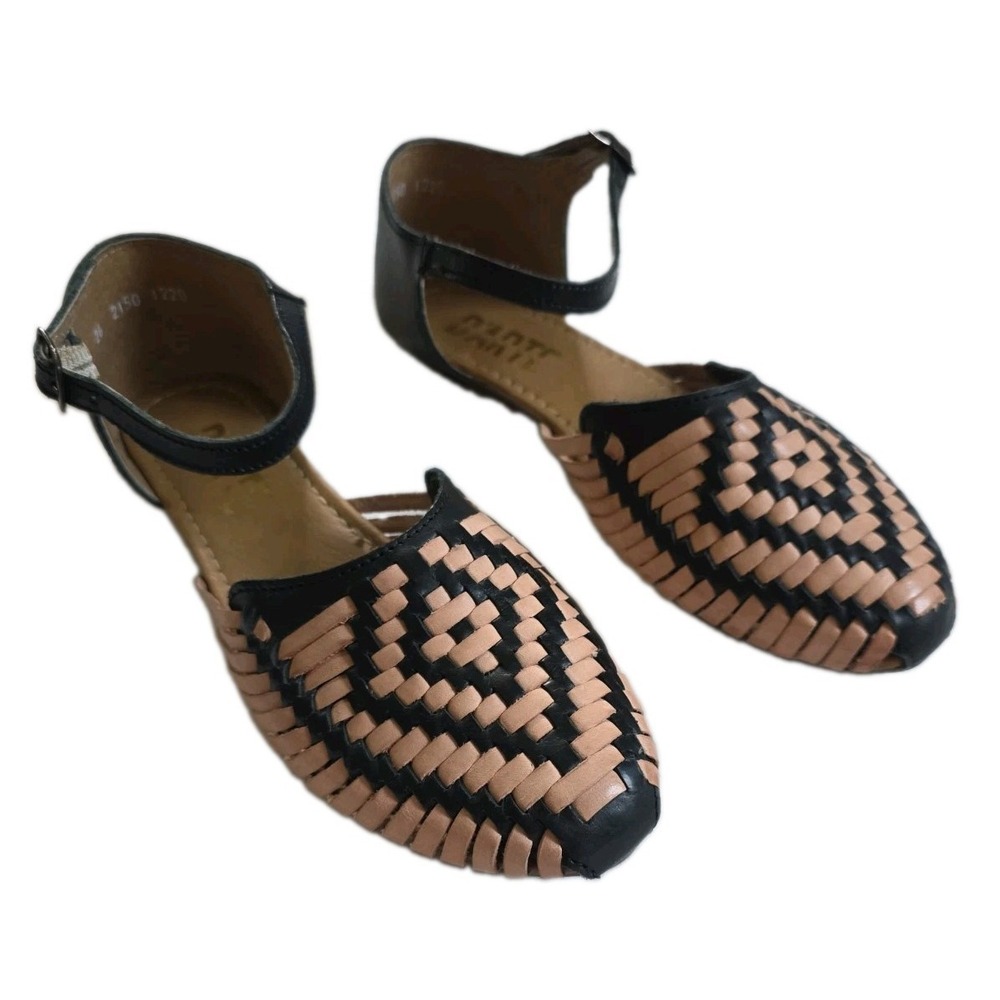 D'Arte Mexican Leather Huarache Sandals Black Beige Woven Diamond US 9 / Mex 26